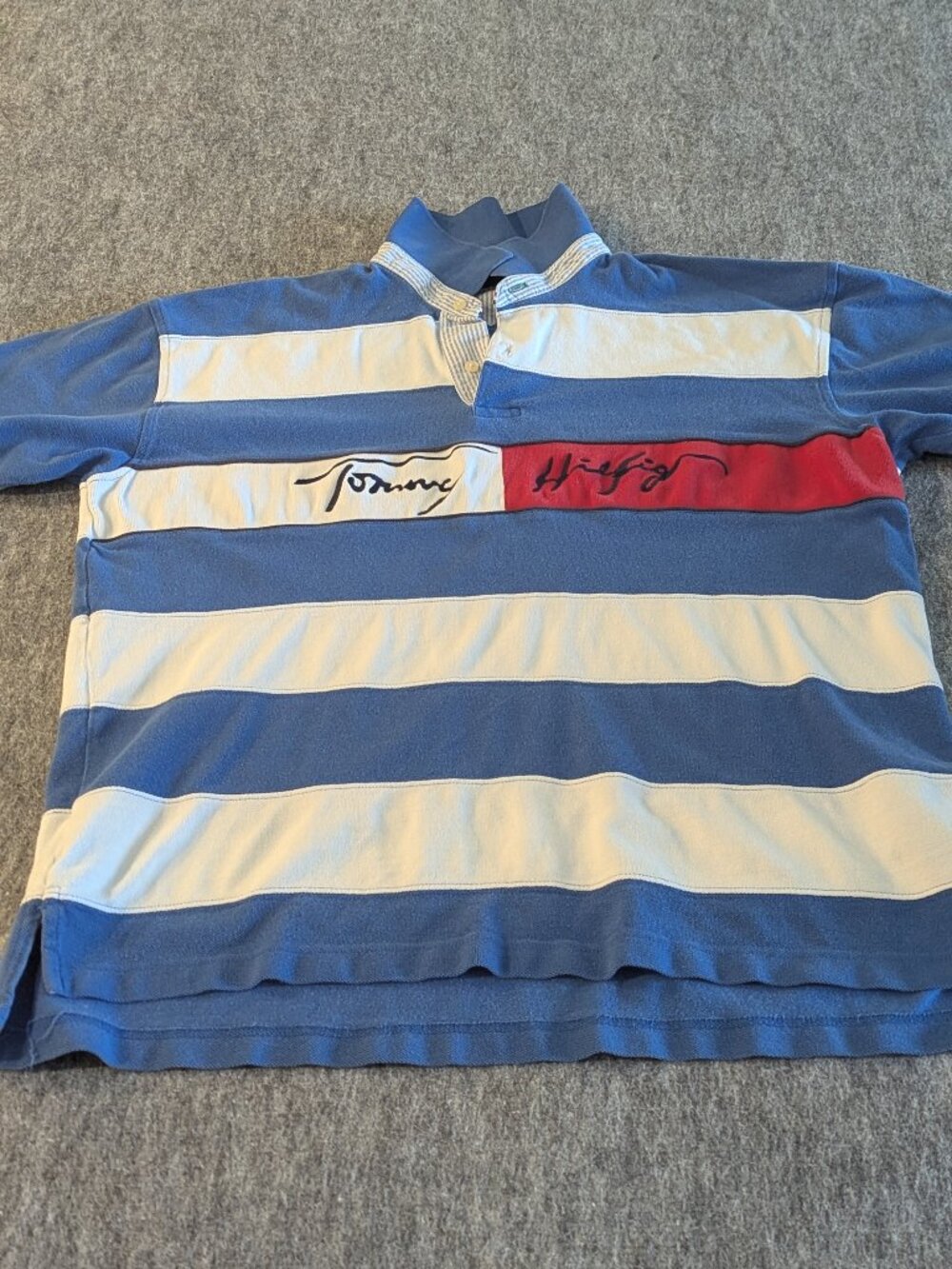 Vintage Tommy Hilfiger Polo Shirt Mens Blue Striped Colorblock Size XL